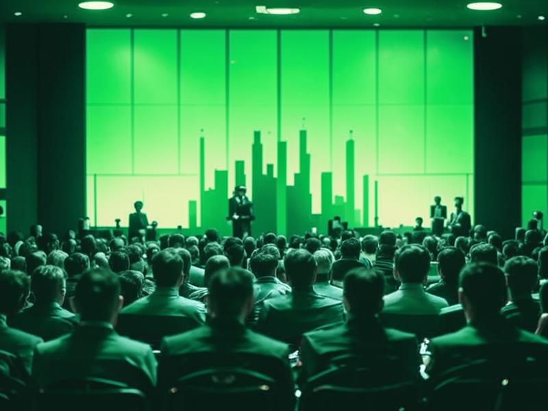 Conférence financière en noir et blanc avec overlay vert