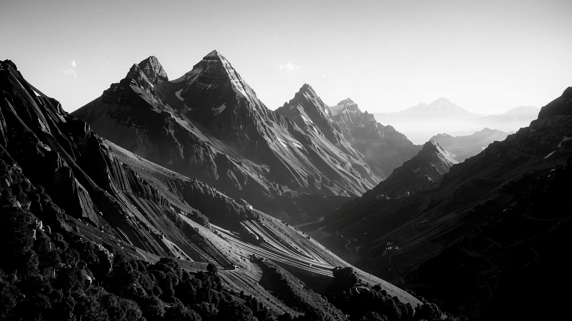 Montagnes stylisées en noir et blanc avec overlay doré